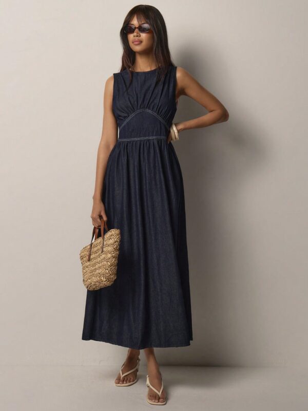 Sleeveless Ruffle Denim Sleeveless Maxi Dress