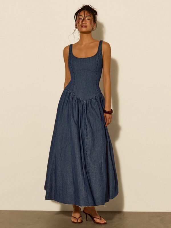 Sleeveless Ruched Long Denim Dress
