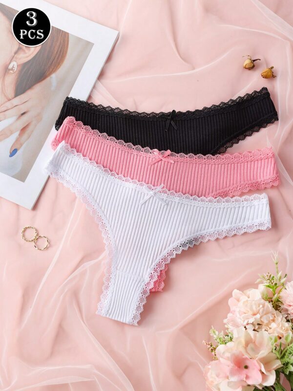 3pcs Cotton Lace Patchwork Ribbed Thong Panties