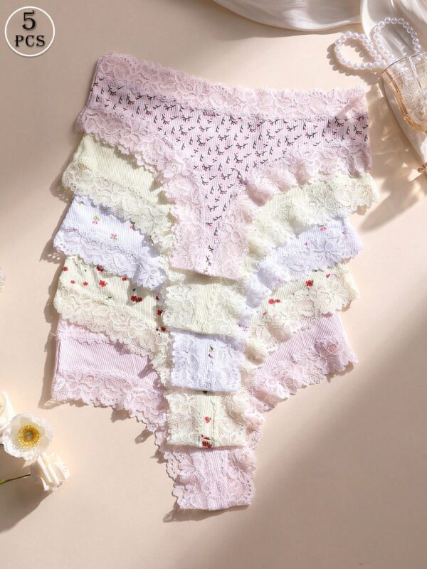 5pcs Lace Patchwork Seamless Low-Rise Thong Panties