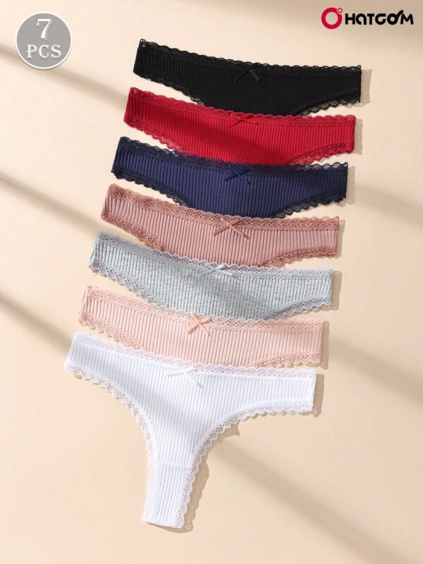 7pcs Solid Cotton Lace Patchwork Ribbed Thong Panties