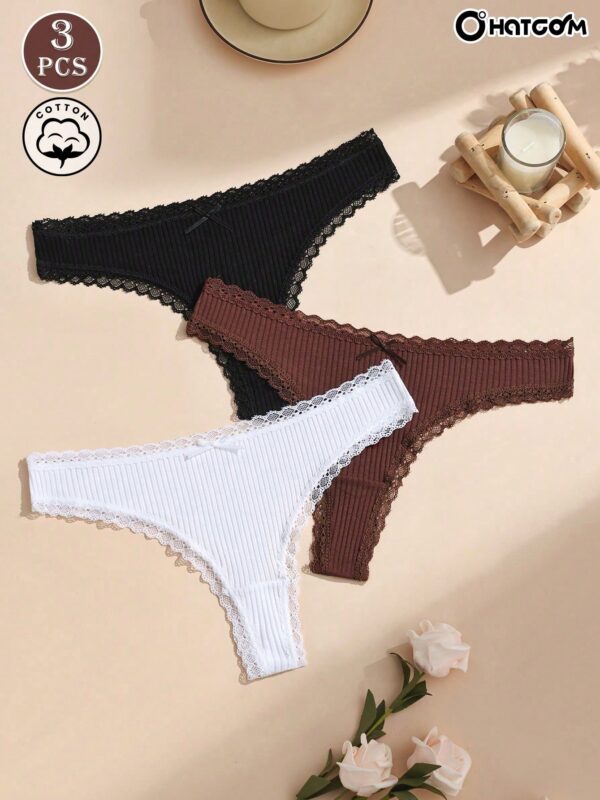 3pcs Cotton Lace Patchwork Ribbed Thong Panties