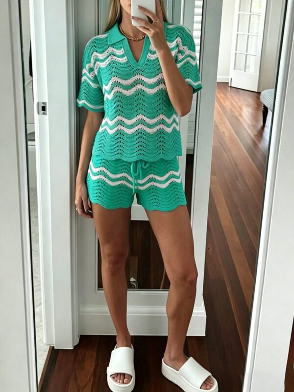 2 Pc/s Lake Blue Top & Wavy Hollow-Out Short