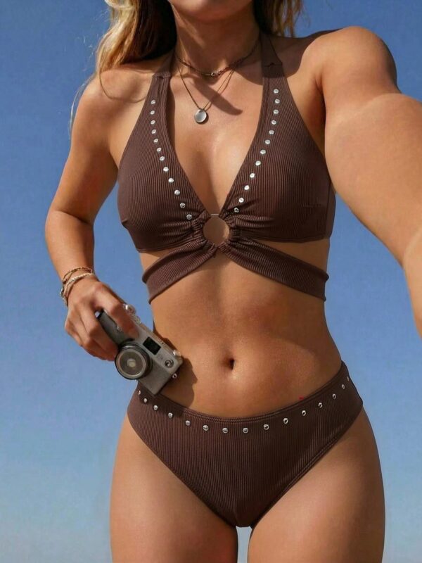 2 Pieces Brown Ribbed Halter Bikini Set