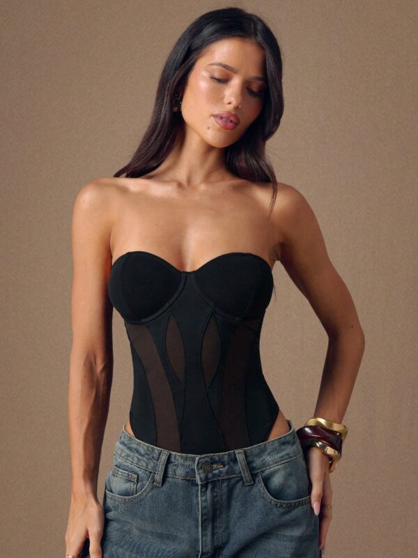 Sheer Mesh Patchwork Asymmetric Strapless Bodysuit