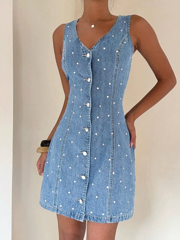 Front Button Denim Polka Dot Dress