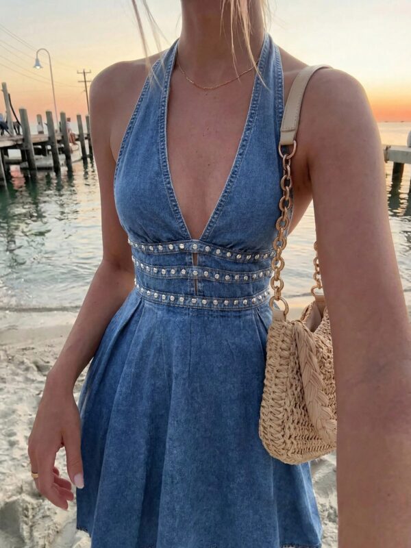 Deep V-Neck Halter Pleated Casual Party Travel Denim Dress