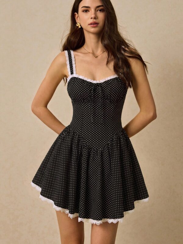 Polka Dot Print Lace Patchwork Tie-Up Dress