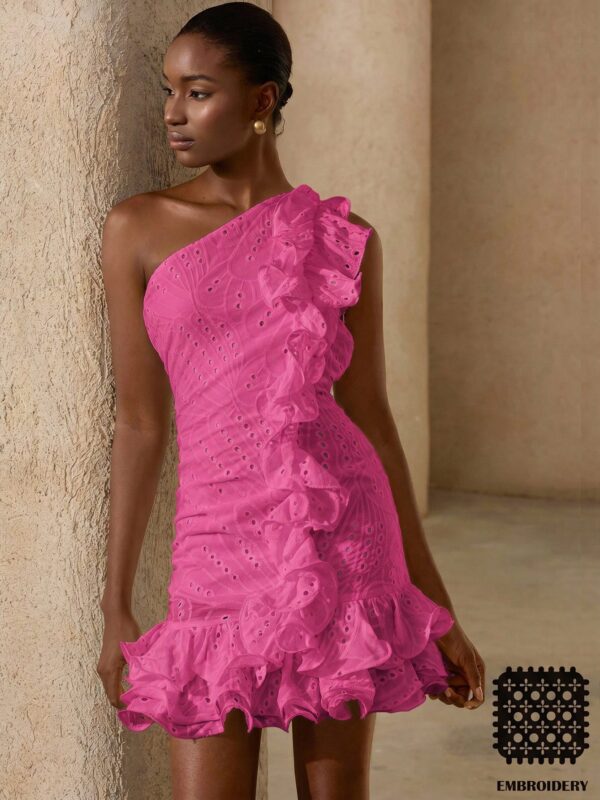 Embroidery Hollow-Out Fabric Asymmetrical Shoulder Dress