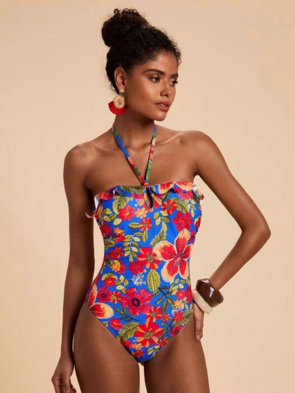 1pc Floral Print Ruffled Halter One-Piece Swimsuit