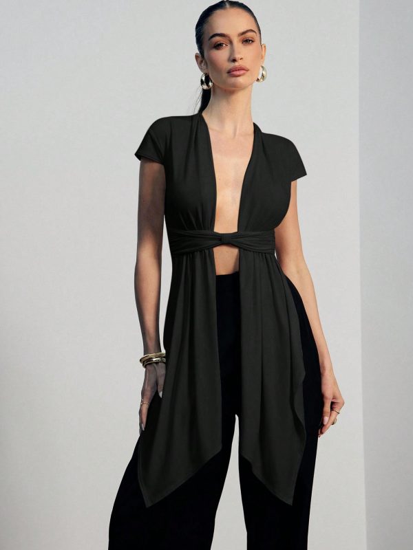 Asymmetrical Hem Cape Sleeve Top