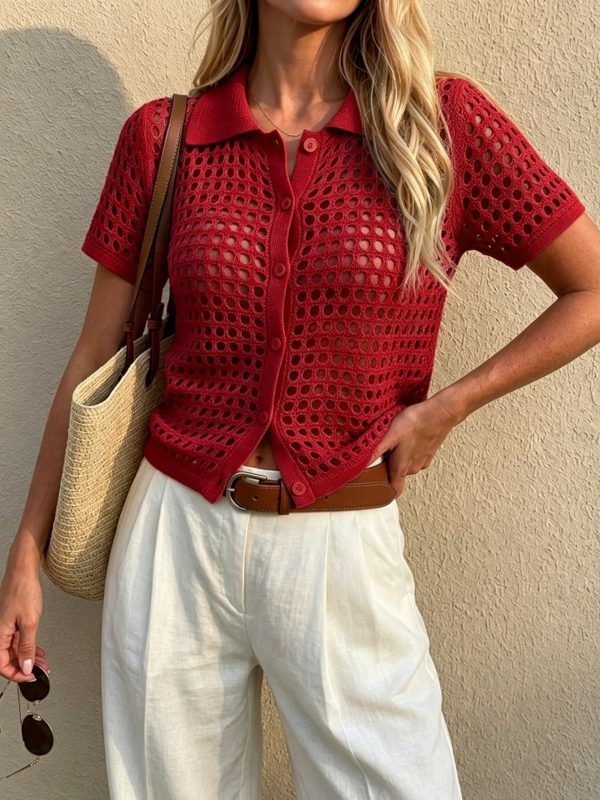 Short Sleeve Hollow Out Button Front Knit Cardigan