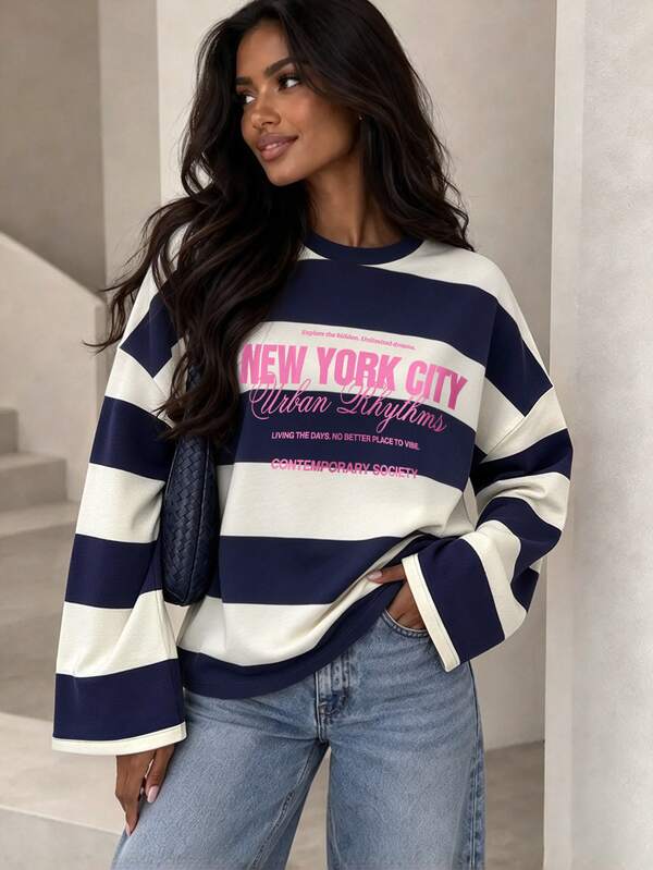 Striped Colorblock Crew Neck Long Sleeve Top
